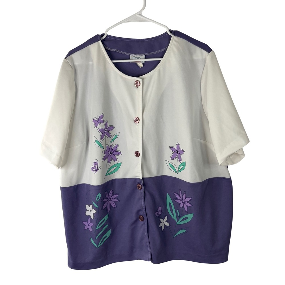 Only Necessities Womens 1X Purple White Floral Button Front Blouse Top Plus Size